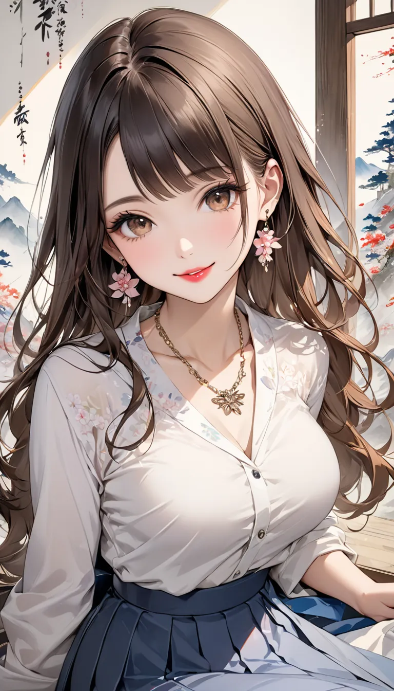 (masterpiece,  HD , HD, 8k,  Highest quality), Japanese painting,   A fusion of watercolor and oil painting ,  One Young and Beautiful Woman, Brown-black long hair ,  beautiful brown eyes, pink lips, perfect style, Perfect face ,  moderate breast size, ear...