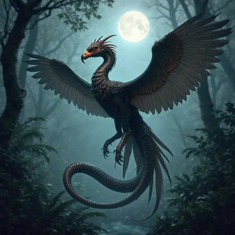 "Design a mythical hybrid creature that combines the elegance of a bird with the deadly nature of a snake. The creature should have a bird’s body with long, flowing feathers, but its tail should be serpentine, with scales and sharp, lethal fangs visible as...