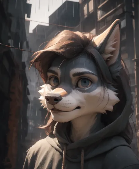 masterpiece, best quality, perfect anatomy,nj5furry,kemono,
solo,male,anthro,wolf,baggy clothing, gentle, 
bright eyes, detailed eyes, looking at viewer, 
cafes, waterdrop, grey sky, raining, fog,