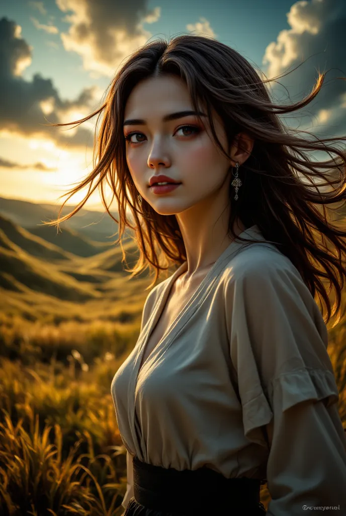 a chivi girl trying to walk pushed by the wind, detailed realistic portrait, beautiful young girl with long flowing hair, delicate facial features, determined expression, struggling against strong wind, outdoor nature scene, grassy meadow, rolling hills, c...