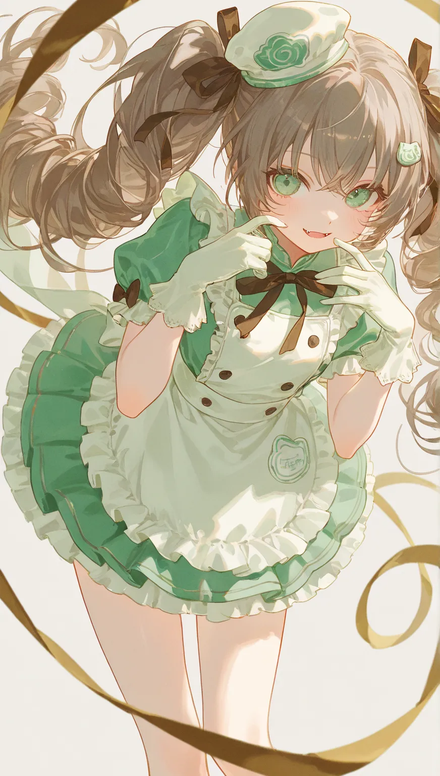 (1 girl with pale brown hair :1.4), cute sweets background、 pale colored background, detailed costume, Sunshine, dynamic angle, brown and mint green clothes, pastry chef clothes, Clothes that are a mixture of pastry chef clothes and Lolita fashion, accesso...