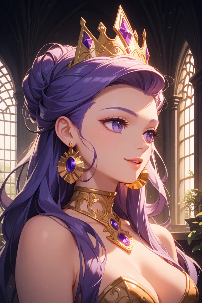 1girl, julietta, crown, earrings, medium breasts, purple eyes, 
cinematic lighting, masterpiece, best quality