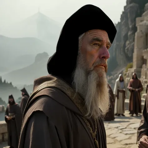 arafed man with a long beard and a black hat, meme template, inspired by Ed Benedict, sean connery as gandalf, dressed like a cleric, inspired by Petrus Christus, sqare-jawed in medieval clothing, leonard da vinci style, joe biden as a hooded arch mage, mo...