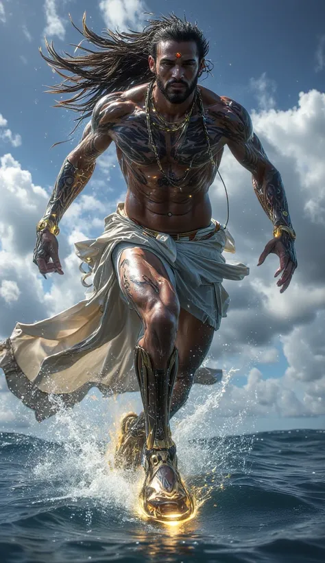 A swift Cook Islands god, inspired by Hermes, races over the rolling ocean waves, his feet barely touching the water as he moves with incredible speed. His toned body is adorned with traditional Polynesian tattoos that shimmer as he moves. He wears winged ...