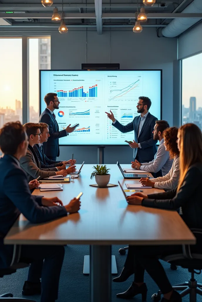 A diverse team of professionals in a meeting room, discussing strategy with charts and graphs on a digital screen