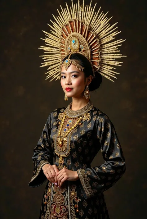 a woman in a black dress and gold headpiece posing for a picture, traditional beauty, wearing an ornate outfit, traditional makeup, traditional dress, wearing ornate clothing, traditional clothes, traditional costume, traditional clothing, traditional fema...