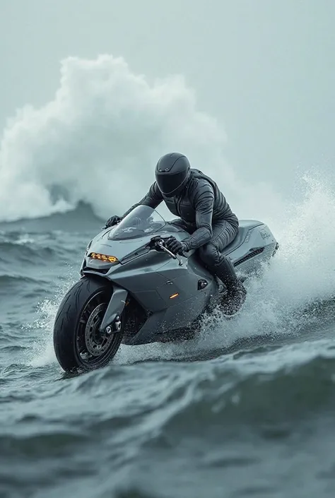 A man riding a futuristic gray motorcycle, sails at high speed on a highway over the raging ocean 