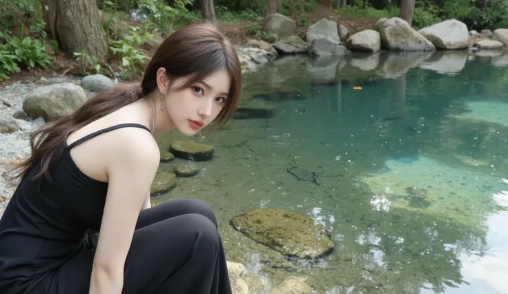 face close-up、Brighten up a woman's appearance、The hot spring that springs in the forest、I'm crouching beside it and looking into the spring water、Beautiful woman with long dark hair in a sleeveless black long dress、Necklace and earrings included、 watercol...