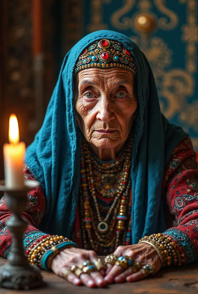 An elderly woman fortune teller, with more than 60 years, with deeply wrinkled and expressive skin. She wears a traditional, colorful outfit with a vibrant blue veil adorned with gold details,  covering part of his head . A decorative ornament with red and...