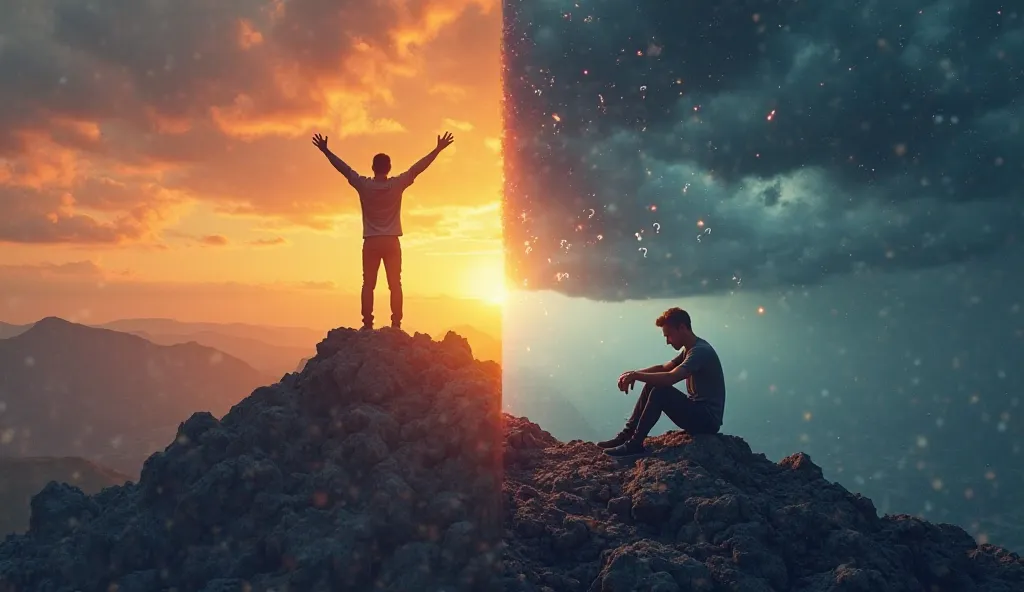 depicting the highs and lows of life. On one side, a person standing on top of a mountain, arms raised in victory, symbolizing success and achievements. On the other side, the same person sitting on the ground, looking down, feeling defeated, representing ...