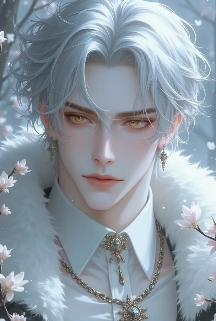 silver short hair,Golden Eyes, young man,Beautiful person,flower,snow,masterpiece, accurate, anatomically correct, Highest quality, very detailed, 