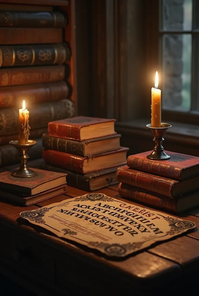 An old wooden table is piled high with old books on the occult, burning candles are melting, and a worn Ouija board is lit only by candlelight, casting long, eerie shadows. The atmosphere exudes a sense of mystery and impending danger. —ar 16:9