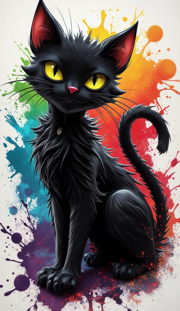 cool black cat, colorful paint splash background, cartoon-style tattoo design with black outline and color, ultra-detailed, high resolution.