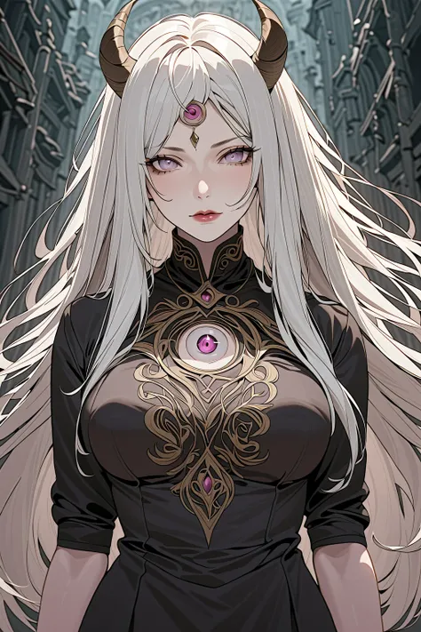 front view,
1girl,mature female,milf,looking at viewer,
Best quality,masterpiece,soft light,official art,high quality,highres,absurdres,epic scene,natural textures,ootsutsuki ,pale skin,third eye,hikimayu,long hair,white hair,horns,colored skin,lipstick,wh...