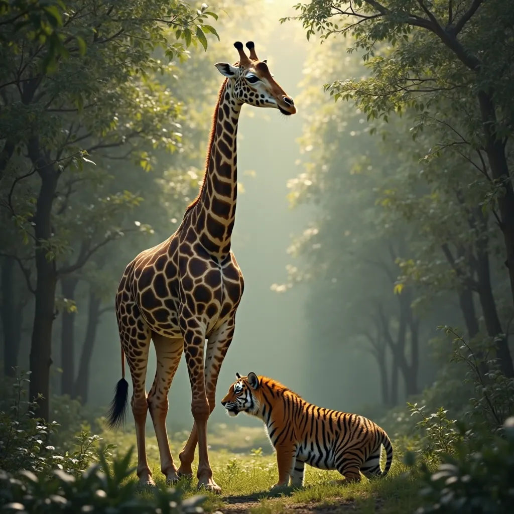 "Create a fascinating image where a giraffe and a tiger are in a striking, unusual encounter. The giraffe should be towering over the tiger, with its long neck reaching high into the trees, its spots distinct against the backdrop of the jungle. The tiger s...