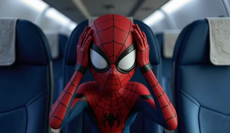 "A 3D-rendered animated image of a young superhero in a red and black spider-themed suit sitting inside an airplane cabin. The character's face is partially hidden behind a web-patterned mask with large white eyes, and they are holding their head in shock ...