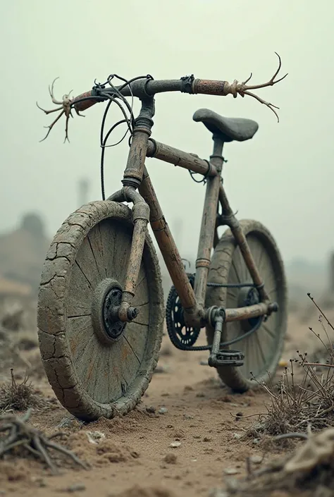 Bike made in stone wheels, bones handle bike, and wood for frame bike
