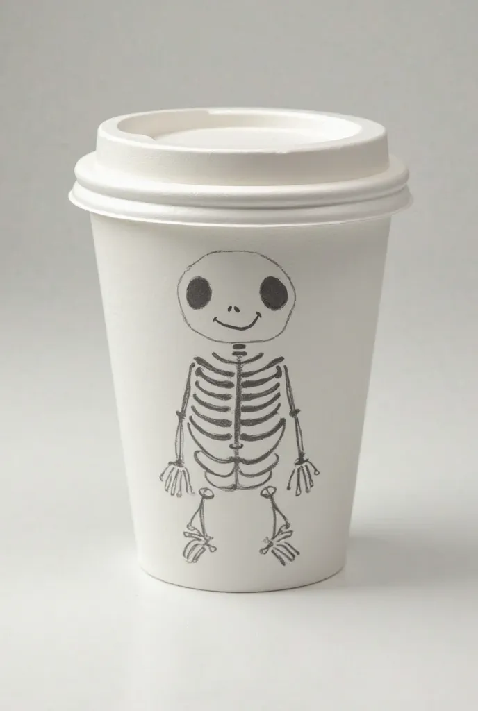 A realistic Styrofoam cup sculpture with a cute simple skeleton design