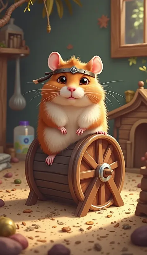 A highly detailed, cartoon-style hamster named Takeshi, living in a typical hamster cage. The cage is filled with all the usual essentials: a shiny exercise wheel, a small wooden house, a water bottle, and a soft bedding of shredded paper. Takeshi, with so...