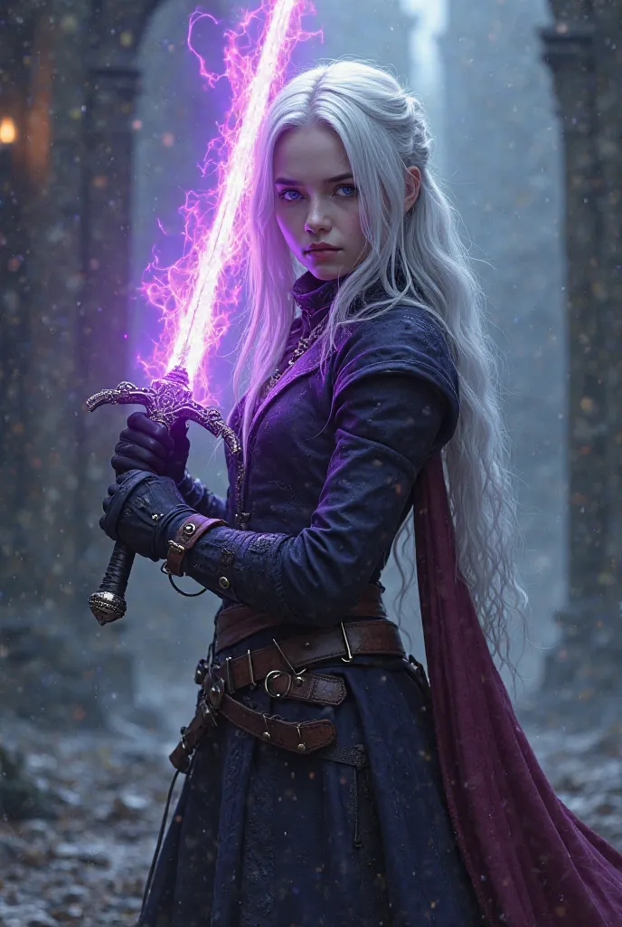 Create a movie poster-style image of a age girl with white hair, violet eyes, medieval assassin's clothing and with a purple fiery sword 