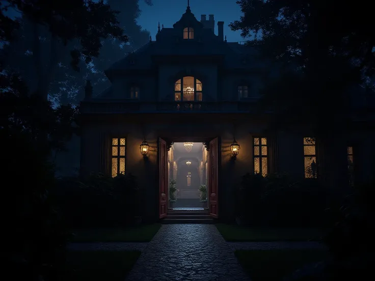 mansion, night, luxurious, door opened, dreamy, no human, lamplight