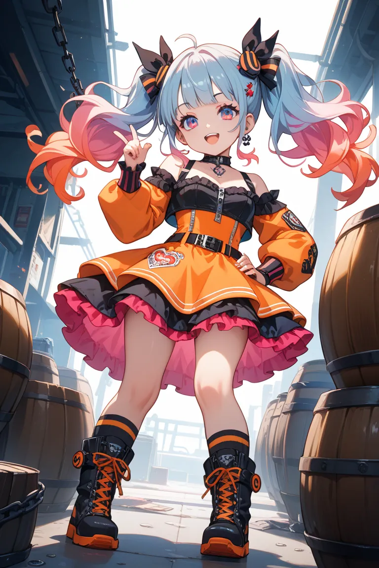 "A super cute SD chibi character with a 2-head-tall proportion. She has long twin tails with black and pink gradient hair, wearing a gothic-inspired black and orange outfit with frills and lace. The outfit includes a short-sleeved cropped top with a zipper...