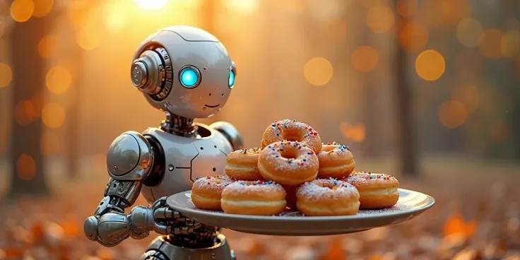 A mesmerizing clCreate an image of a futuristic robot holding a large plate filled with Polish pączki (doughnuts without holes). The pączki should be golden, fluffy, and topped with powdered sugar, glaze, or colorful sprinkles. The robot should have a frie...