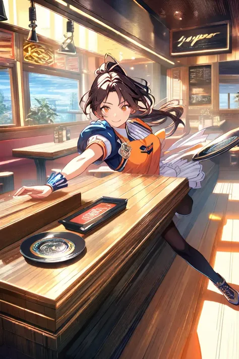 A waitress,,ponytail,she holds a plate ,a black bomb with a sparking fuse on that plate,smile,laugh,dynamic pose,background is restaurant,


((hyper super ultra detailed perfect piece)),illustration,masterpiece,(extremely detailed CG 8k),(very fine 8K CG) ...