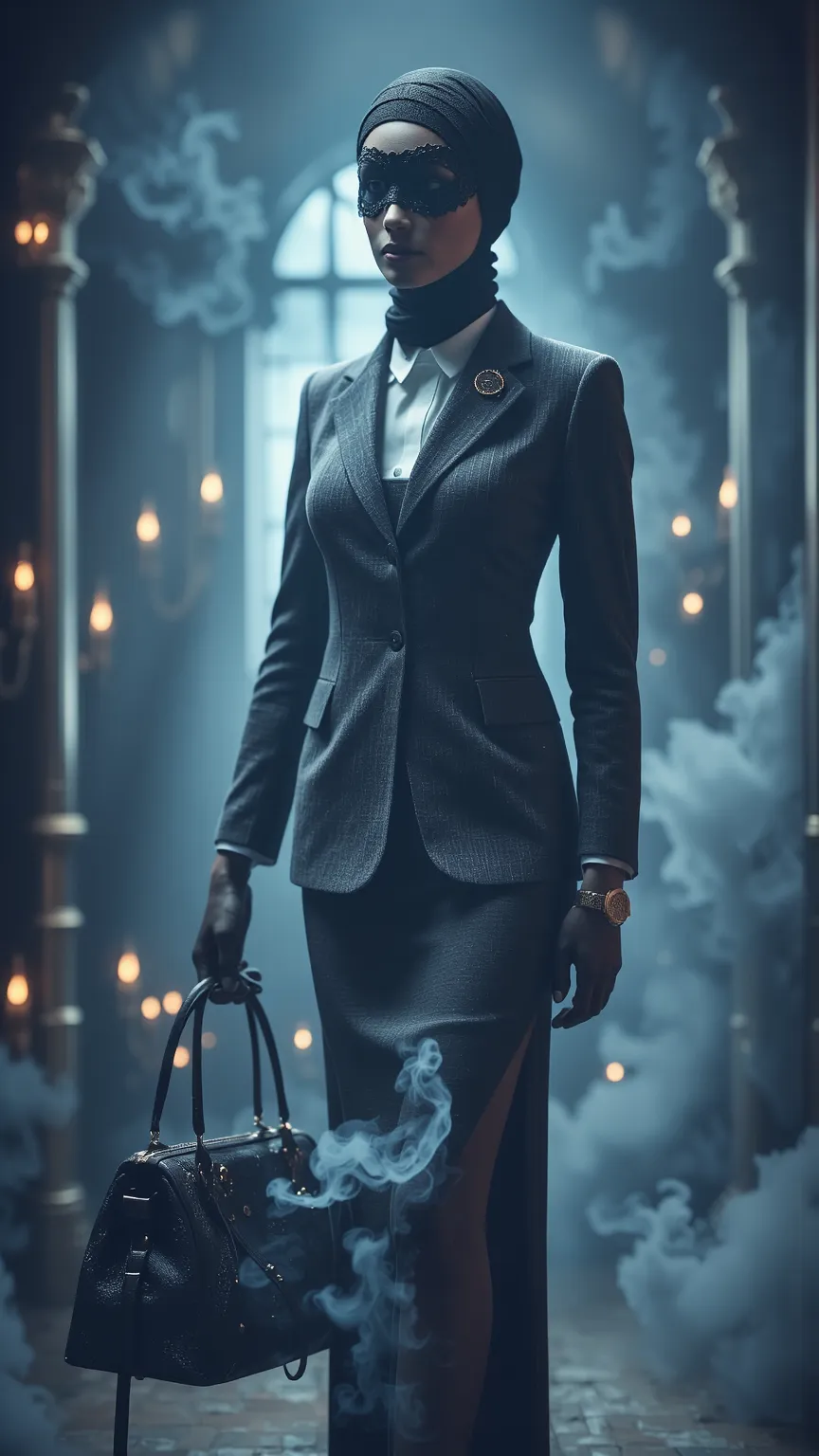 (She wears black headscarf wrapped around face and neck:1.6). black lace masquerade mask, A highly detailed, ultra-realistic portrait of a powerful female mafia lawyer, exuding confidence and mystery. She wears a perfectly tailored charcoal-grey power suit...