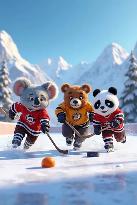 Un koala , un ours et un panda faisant du patins sur glace hockey 

Pixar