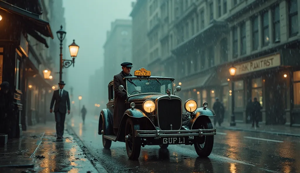 Taxi at the beginning of the century on a rainy day,  Melancholic mood 