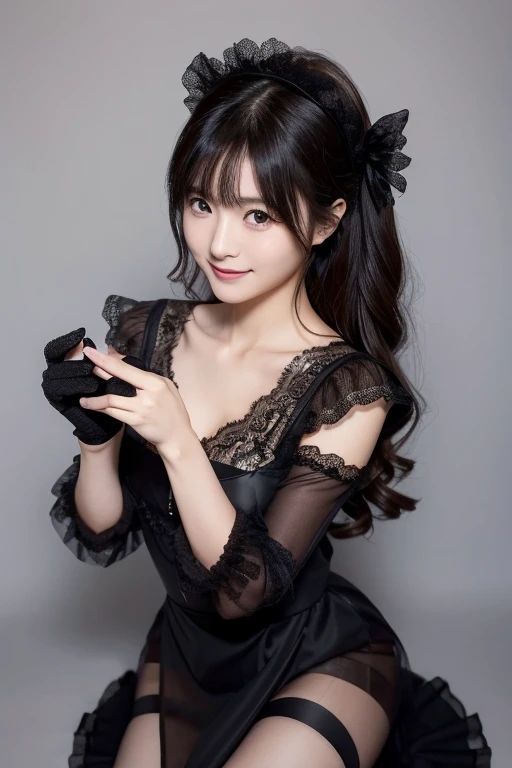  Japanese model posing wearing black sheer dress and boots、semi-long black hair、lace maid dress ,   black lace gloves ,  black and fluffy clothes, maid clothes,  beautiful black dress  ,  MAID DRESS,   elegant and charming cosplay  ,  wearing a dress looki...