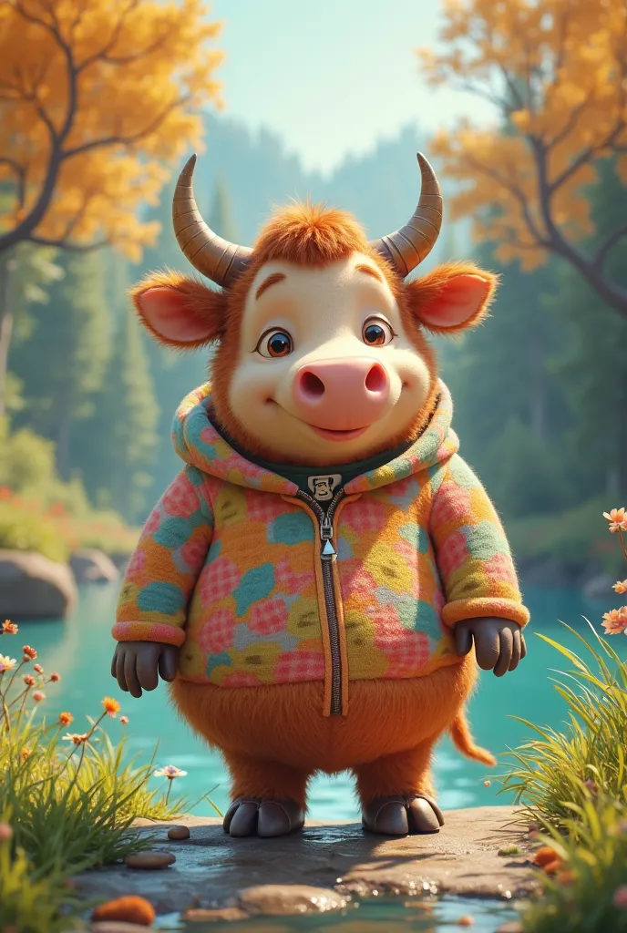 Create a cute fat cow in a cute outfit, standing at the river, in bright dark 3D color.
