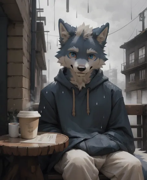 masterpiece, best quality, perfect anatomy,furry,kemono,
solo,male,anthro,wolf,baggy clothing, gentle, 
bright eyes, detailed eyes, looking at viewer, 
Sitting in a coffee shop, waterdrop, grey sky, raining, fog,