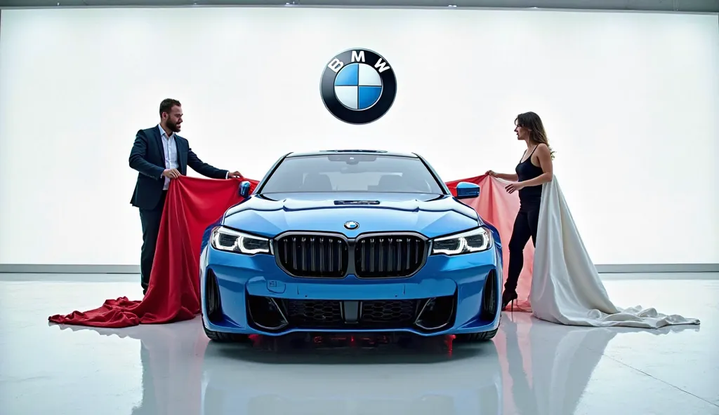 A captivating image of a 2026 BMW 5 series center stage in a luxurious white showroom. The futuristic, vibrant bleu exterior gleams, showcasing its sleek, aerodynamic design and bold accents. The large BMW logo is background behind the wall. The full front...