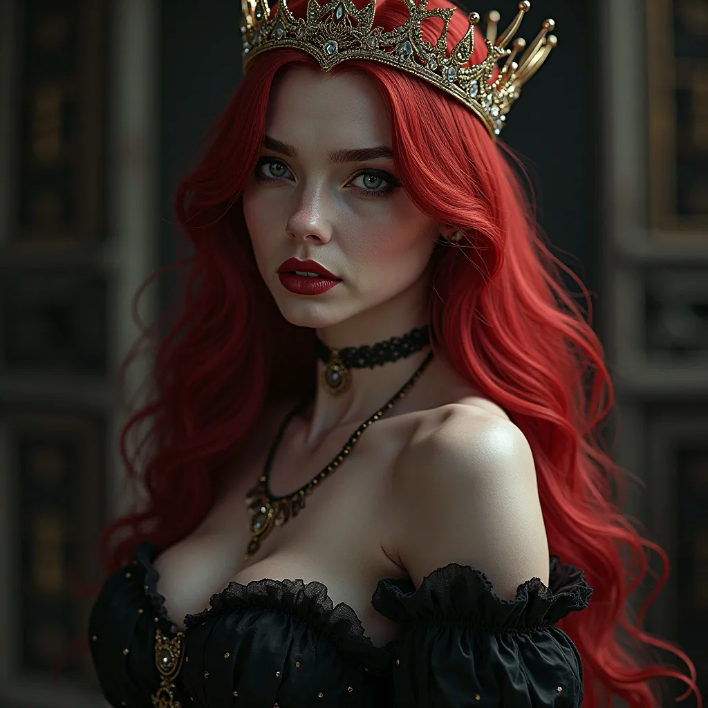 Femme vampire au cheveux rouge avec une couronne et des canines pointues