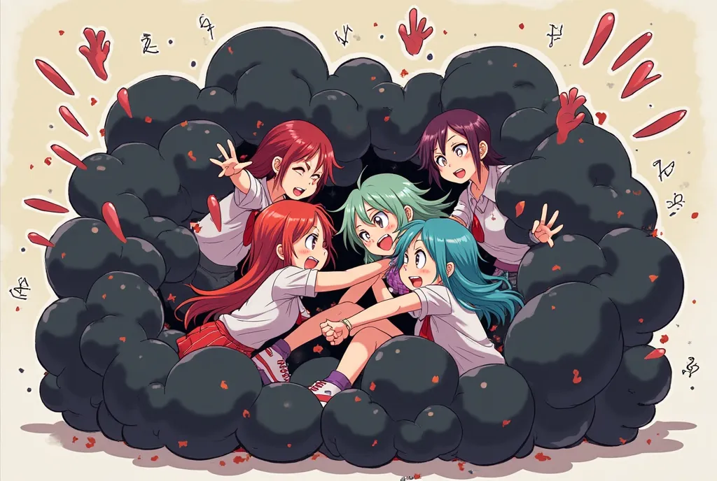 An anime-style illustration depicting many vampire-girls playfully wrestling with each other inside a black comical fight cloud.
each vampire-girl has different colored hair and skin.
their faces,hands,and feet are visible emerging from the cloud as they t...