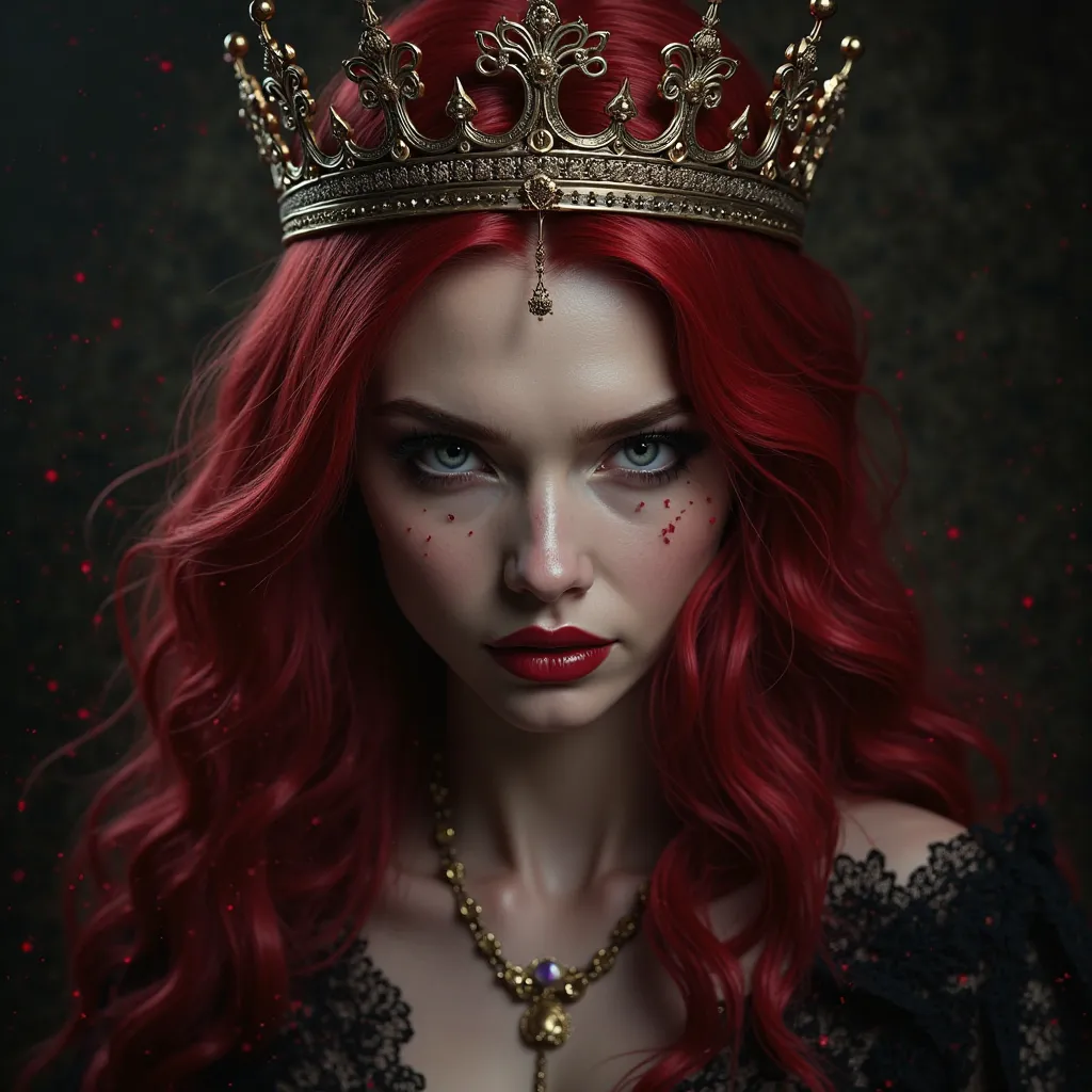 Femme vampire au cheveux rouge avec une couronne et des canines pointues