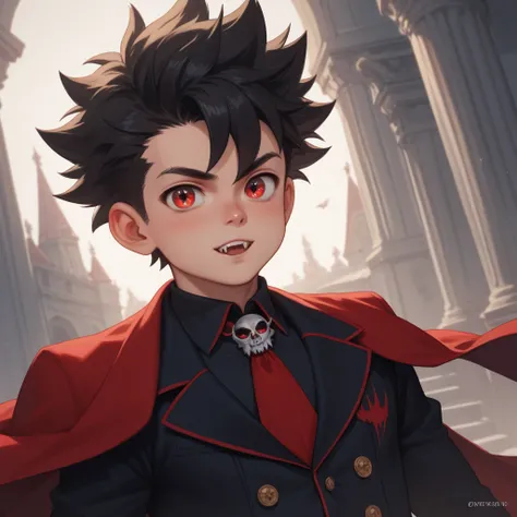 Dynamic angle. Dynamic pose. Youngster boy. Vampire boy. Spiky hair. Mid body view. Young brat.