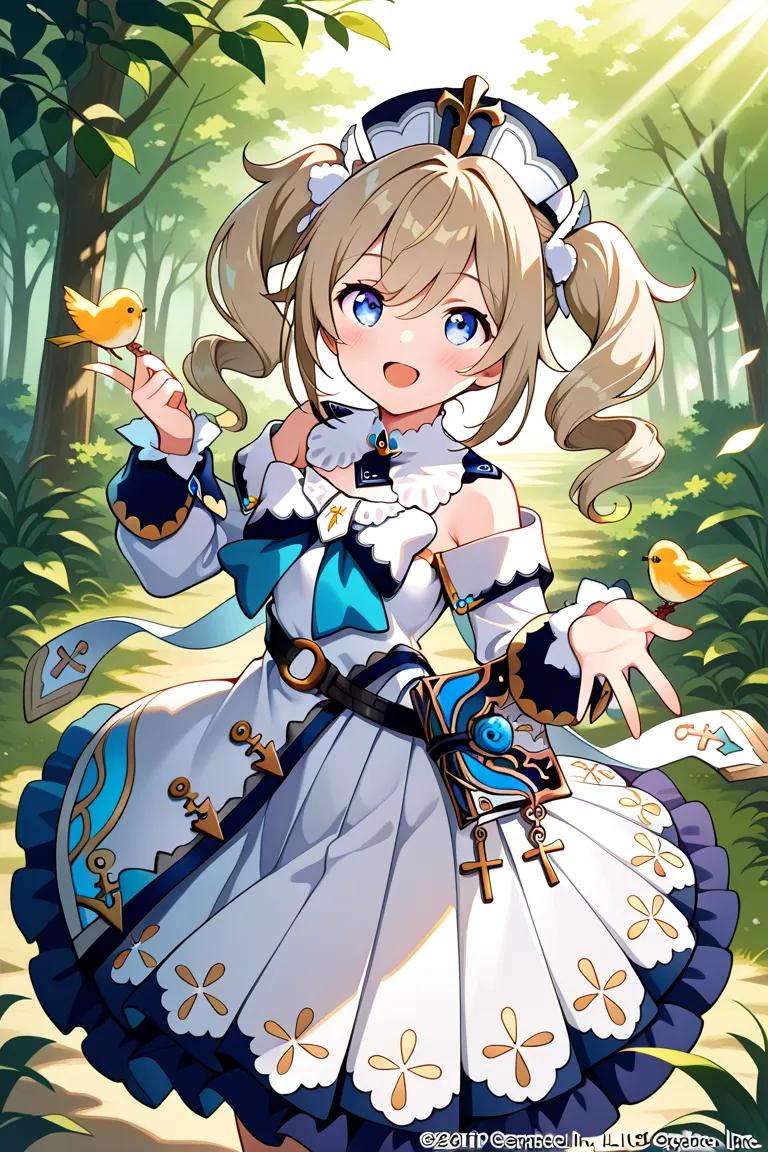 zzBarbara , long hair, bangs, blue eyes, blonde hair, hair between eyes, twintails, sidelocks, drill hair, light brown hair, twin drills,sing、birdie