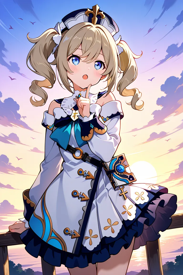 zzBarbara , long hair, bangs, blue eyes, blonde hair, hair between eyes, twintails, sidelocks, drill hair, light brown hair, twin drills,sing、birdie