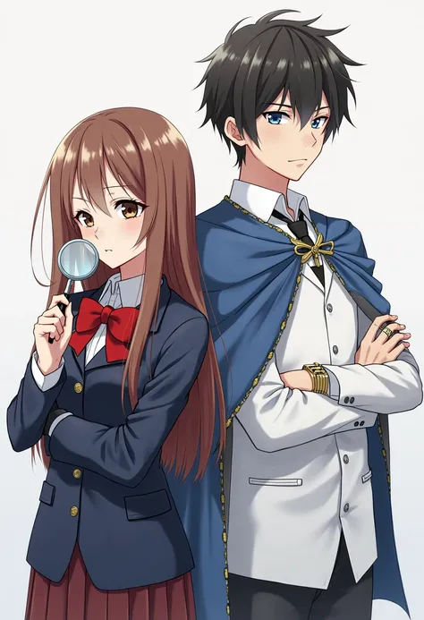 Make a close shot of half body of two highschool student for my synopsis in my book.

The first student is girl then the second is boy.
The girl has brown long brown hair, wearing uniform a navy-blue blazer and a red-bow tie. Her face was kinda pretty not ...