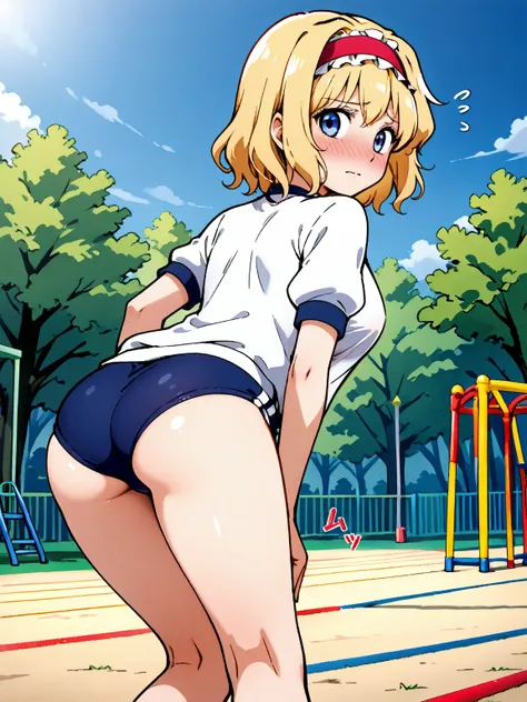 nsfw, one girl, Alice Margatroid, school gym uniform, buruma, no bra, no panties, undersized clothes, half ass, embarrassed, looking back, ass, school playground