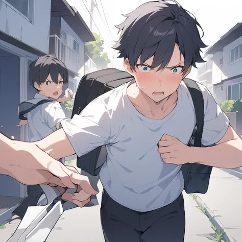 male middle school student、 male、One person、shortcuts、 school uniform、white cutter shirt、Black trousers、 black hair、black bag 、Vigilance、panic、sweat、coming out of mouth、 residential area、 front shot、 point of view