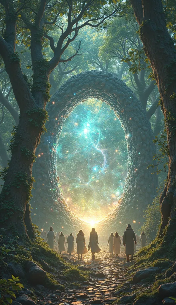 A cosmic portal in the middle of a forest, with characters entering and leaving, showing different historical eras in the background.