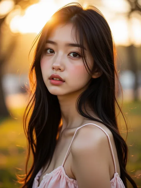 A young Japanese woman with delicate features, standing in a park during the golden hour, bathed in the warm hues of the setting sun. Her long, silky black hair flows gently in the breeze. She wears a soft, pastel-colored dress that catches the fading sunl...