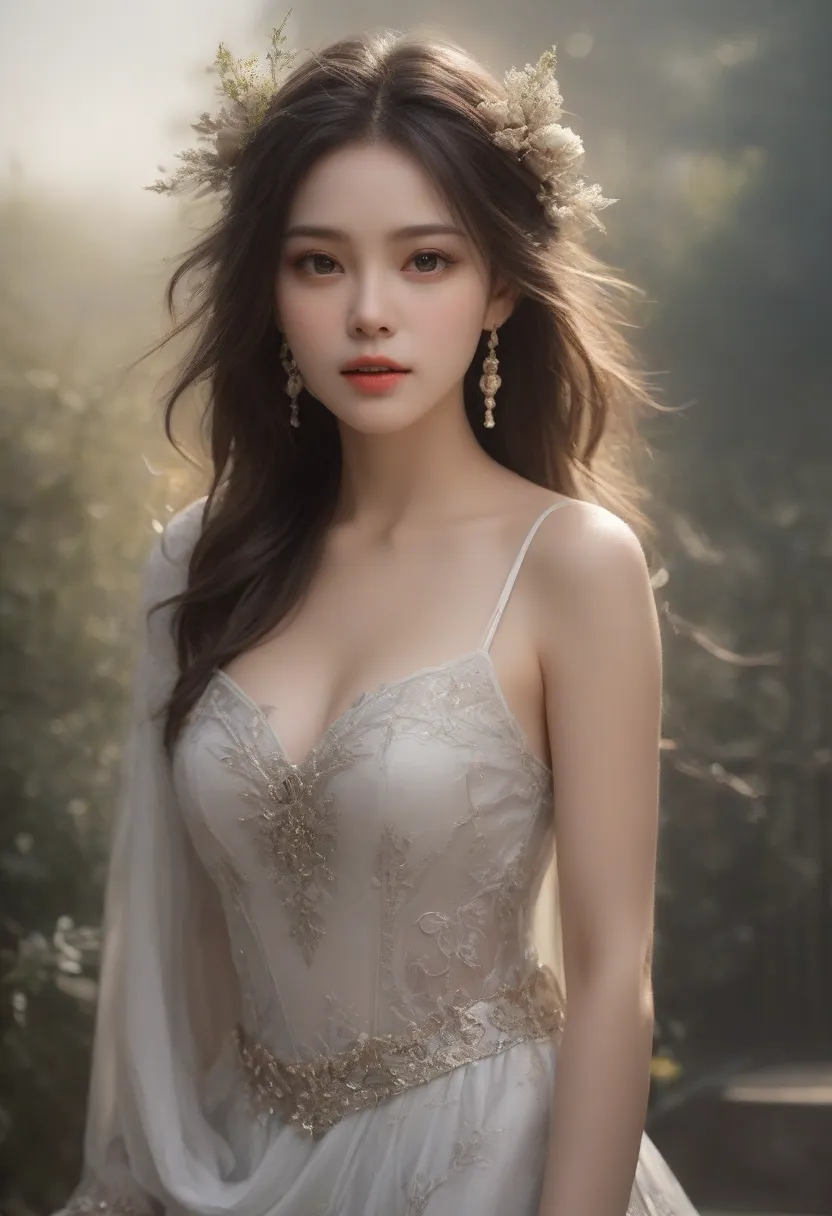 masterpiece, top quality, Highest quality, Official Art, Beautifully Artistic:1.2, Delicate Portraits, Soulful Expressions, Graceful posture,  fancy mesh costume, mystical atmosphere,  Dramatic Lighting, Breathtaking Natural Scenery, Fantastic Atmosphere, ...