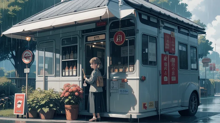 Girl holding an umbrella and waiting at the bus stop while it's raining　Ghibli style