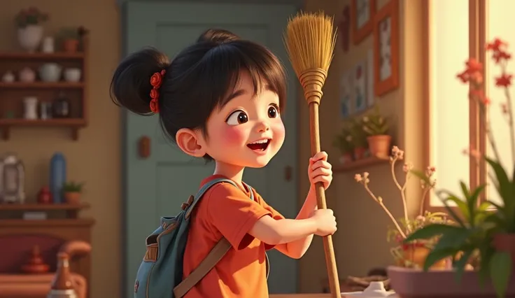 1 Vietnamese student aged 10. Holding broom to help mom. happy. pixar 2d