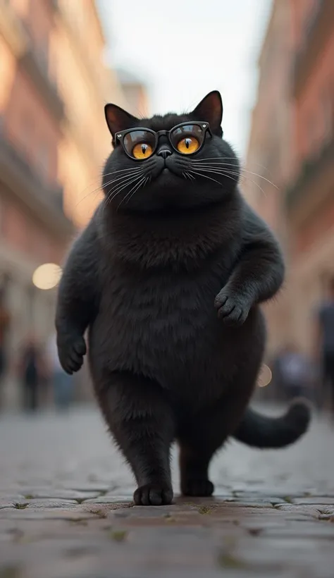  In 3D cinematic style , hd image, Realistic image,  Color Image . character " A fat black cat , Now more confident and elegant, walks down the street wearing dark glasses. Some kittens look at him in admiration, as he parades with an expression full of at...